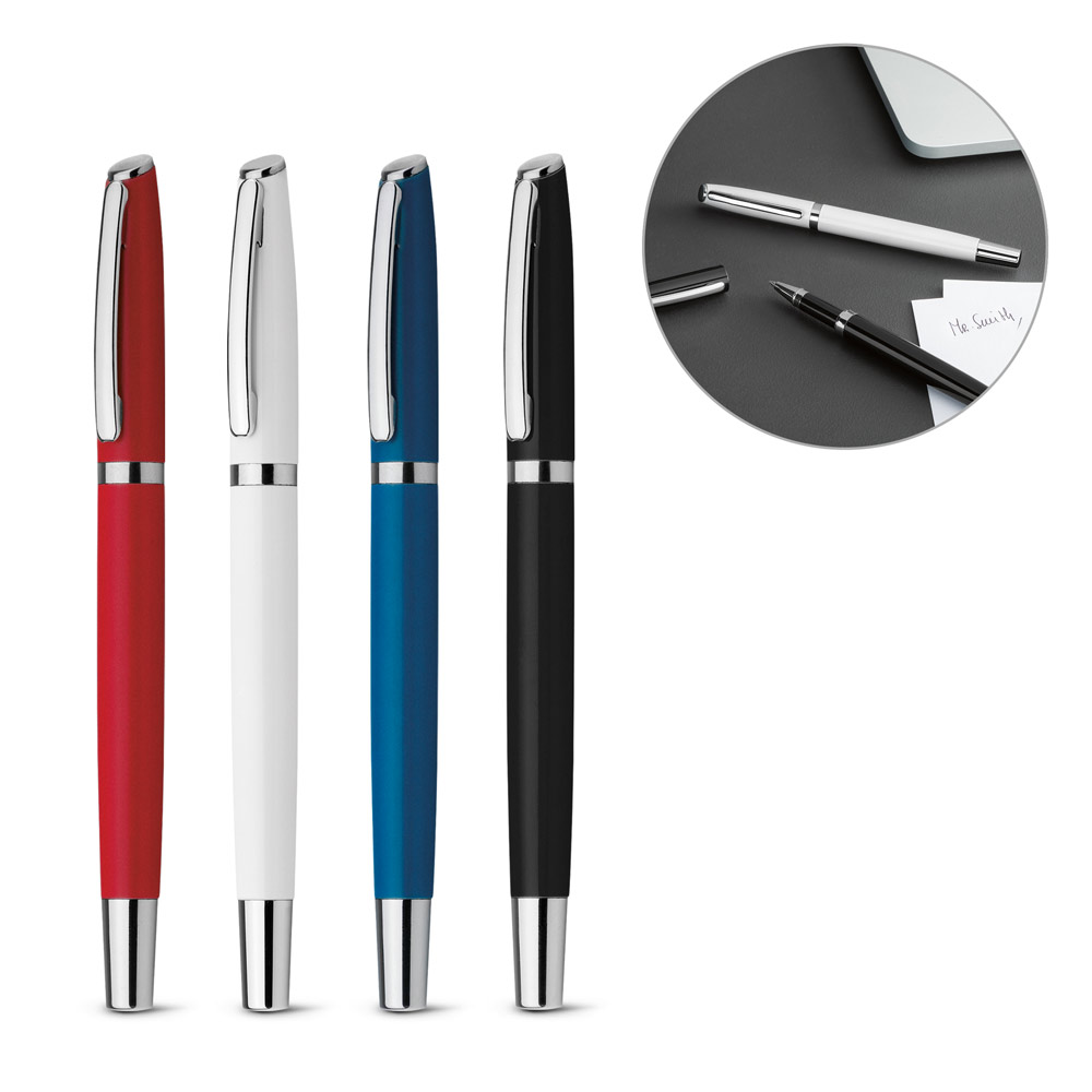 Stylo à bille roulante en aluminium bleu avec clip