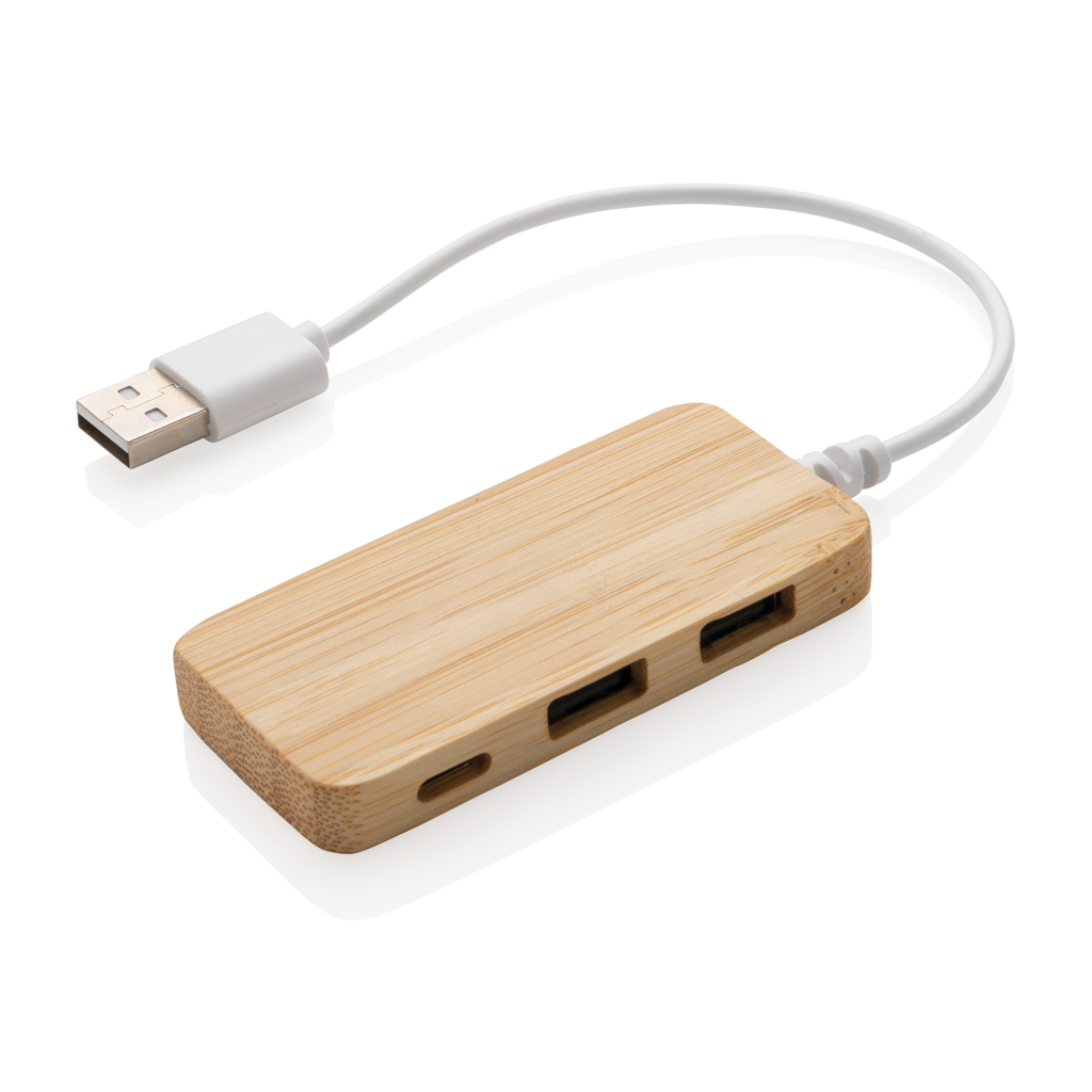 Hub USB 2.0 en bambou avec 2 ports USB A et un port de type C pour étendre les ports USB de votre ordinateur. Avec câble TPE intégré sans PVC - Pourchères