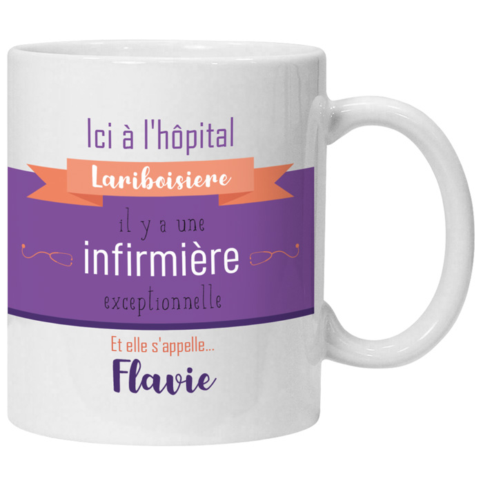 Mug infirmière personnalisé violet avec nom de l'hôpital et prénom au choix - Chimalis